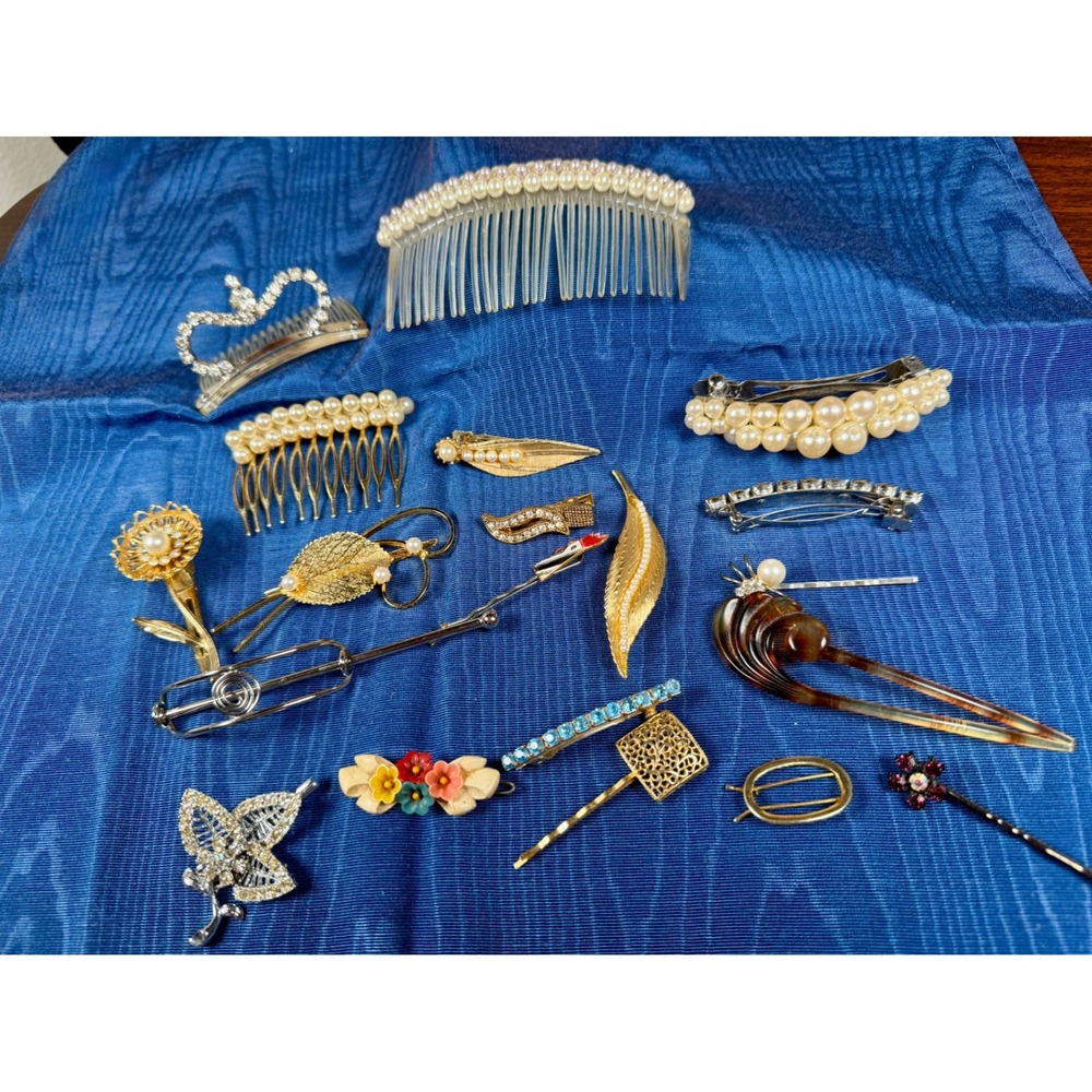 Lot 20 Vintage Hair Accessory Faux Pearl Rhinestone Combs Barrettes Gold Tone
